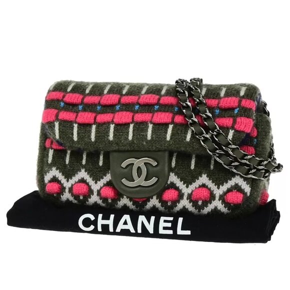CHANEL CC Logo Knit Mini Chain Shoulder Bag Wool Leather Khaki Pink SHW 397RK515 - Picture 1 of 16